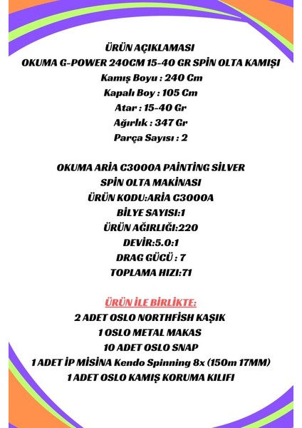 Okuma Aria C4000a Okuma G-Power 240cm 15-40gr 8x Spin Olta Seti fiyatları