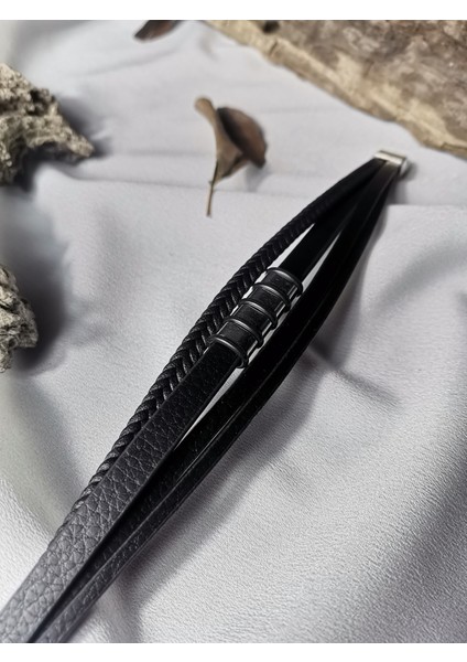 Erkek Siyah Noble Touch 316L Çelik ve Deri Bileklik fırsatları