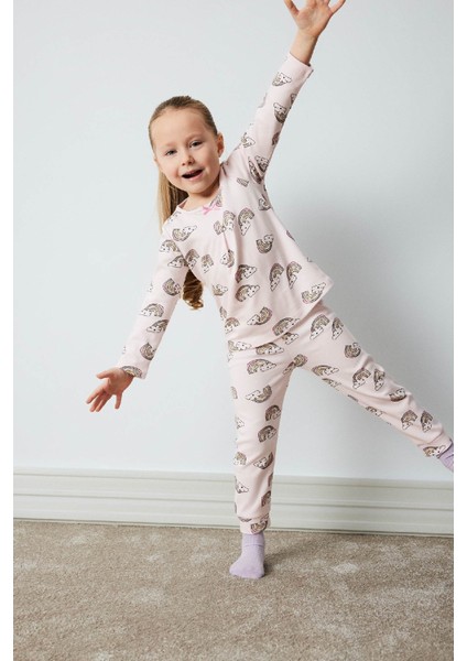 Kız Bebek Pijama Takımı Gökkuşağı Baskılı Uzun Kollu Üst Beli Lastikli Uzun Alt D9075A525SP