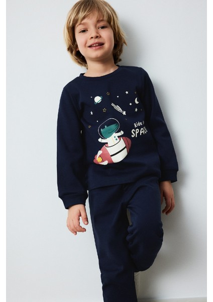 Erkek Bebek Pijama Takımı Uzay Baskılı Uzun Kollu Üst Beli Lastikli Uzun Alt D9068A525SP