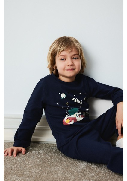 Erkek Bebek Pijama Takımı Uzay Baskılı Uzun Kollu Üst Beli Lastikli Uzun Alt D9068A525SP