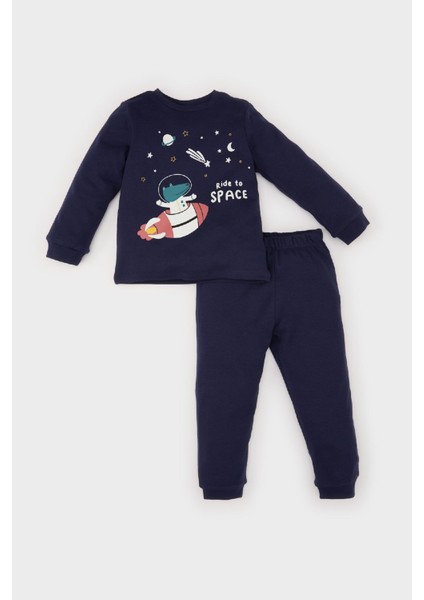 Erkek Bebek Pijama Takımı Uzay Baskılı Uzun Kollu Üst Beli Lastikli Uzun Alt D9068A525SP