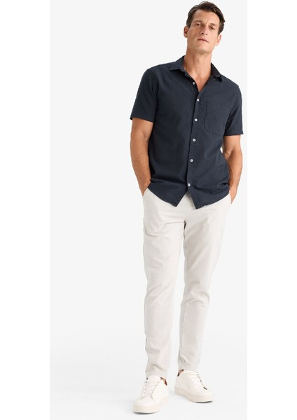 %100 Pamuk Regular Fit Yazlık Polo Yaka Keten Görünümlü Kısa Kollu Gömlek D7551AX25SP