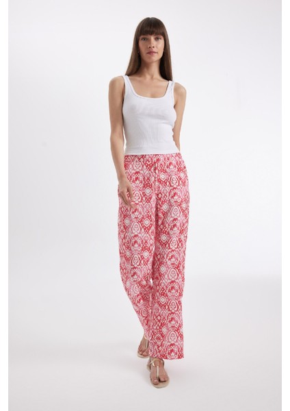 Straight Fit Desenli Cepli Yüksek Bel Geniş Paça Kumaş Pantolon D3173AX24HS