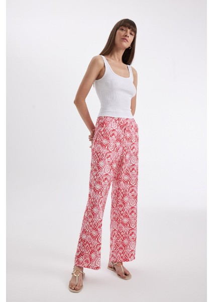 Straight Fit Desenli Cepli Yüksek Bel Geniş Paça Kumaş Pantolon D3173AX24HS