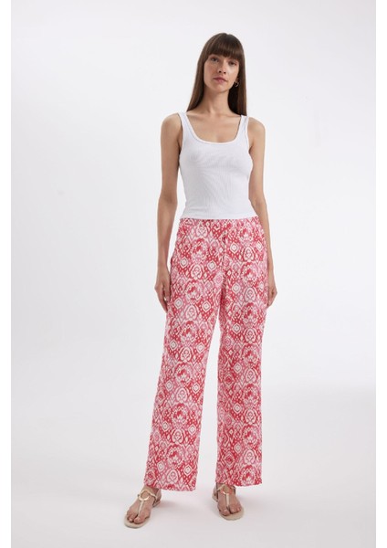 Straight Fit Desenli Cepli Yüksek Bel Geniş Paça Kumaş Pantolon D3173AX24HS