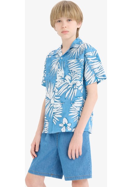 Erkek Çocuk Oversize Geniş Kalıp Polo Yaka Desenli Kısa Kollu Gömlek E2905A825SM