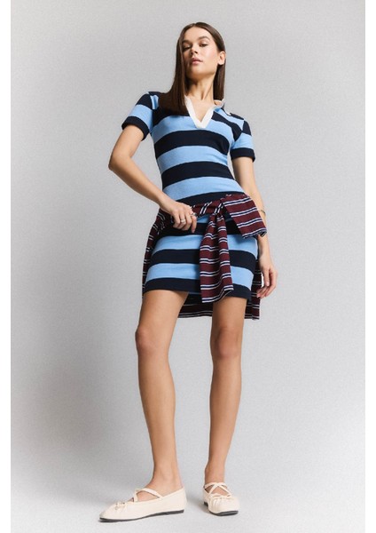 Bodycon Vücudu Saran Polo Yaka Çizgili Ribana Kısa Kollu Mini Elbise E5701AX25SP