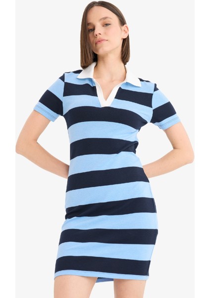 Bodycon Vücudu Saran Polo Yaka Çizgili Ribana Kısa Kollu Mini Elbise E5701AX25SP