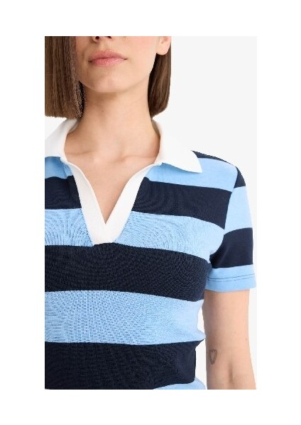 Bodycon Vücudu Saran Polo Yaka Çizgili Ribana Kısa Kollu Mini Elbise E5701AX25SP