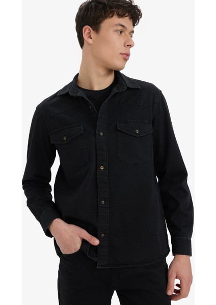 %100 Pamuk Regular Fit Jean Uzun Kollu Gömlek E5711AX25SP