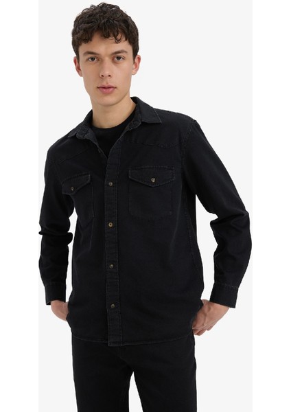 %100 Pamuk Regular Fit Jean Uzun Kollu Gömlek E5711AX25SP