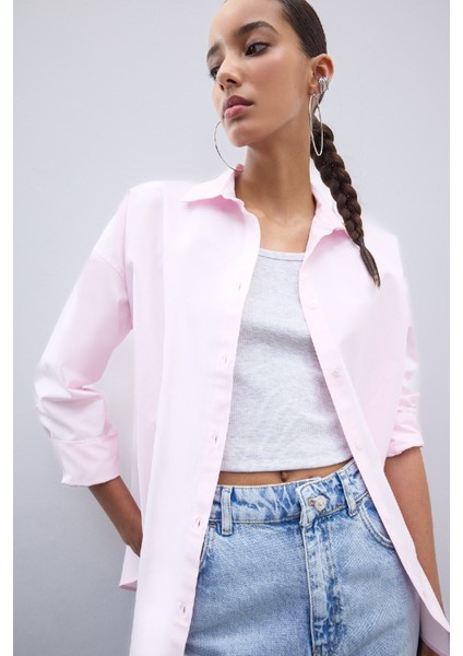 Oversize Geniş Kalıp Basic Düz Oxford Uzun Kollu Gömlek C4597AX25SP