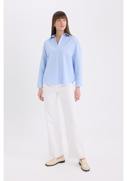 Oversize Geniş Kalıp Basic Düz Oxford Uzun Kollu Gömlek C4597AX25SP