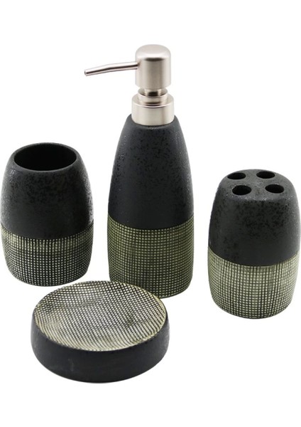 4 Pcs Antrasit Gri - Kremseramik Banyo Temizlik Seti Sıvı - Katı Sabunluk - Diş Fırçalık - Macunluk (4887)
