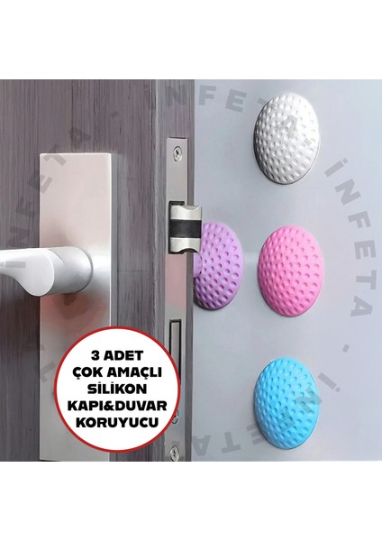 3 Adet Yapışkanlı Kapı Kolu Stoperi - Tamponu Duvar Koruyucu Silikon Tutucu Tampon