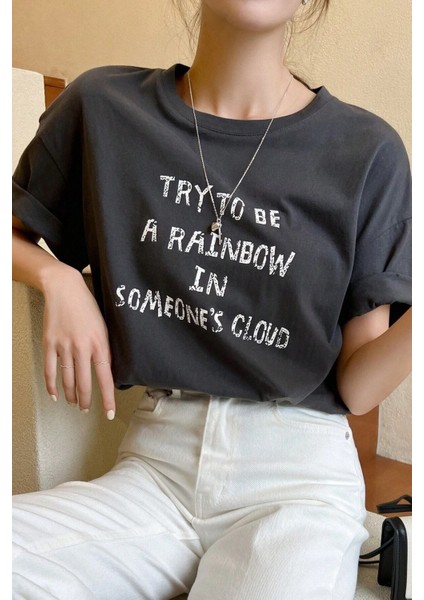 Kadın Füme Try To Be Baskılı Oversize T-Shirt