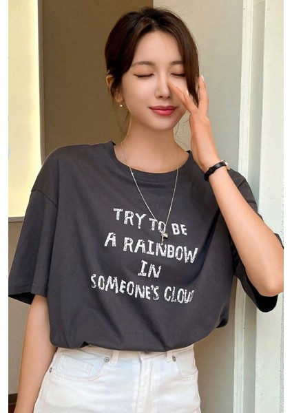 Kadın Füme Try To Be Baskılı Oversize T-Shirt fiyatları