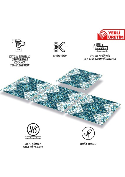 Kendinden Yapışkanlı Turkuaz Çiçek Desenli Pvc Karo 30X30 cm (33 Adet) 3 m2