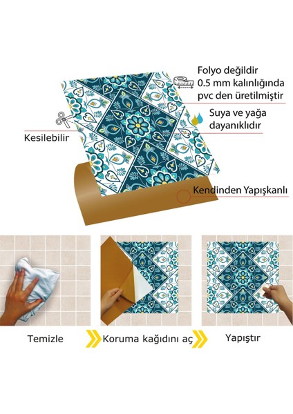 Kendinden Yapışkanlı Turkuaz Çiçek Desenli Pvc Karo 30X30 cm (33 Adet) 3 m2