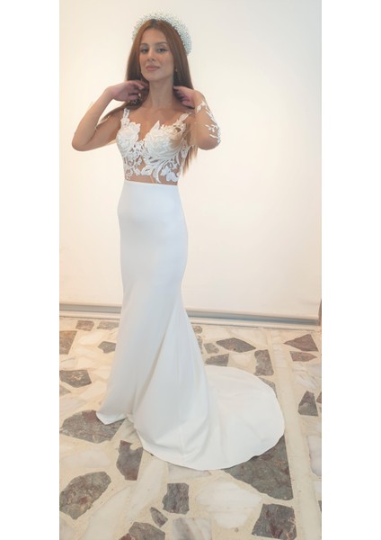 Tasarım Güpür Detaylı Beyaz Maxi Nikah& After Party&gelinlik fırsatları