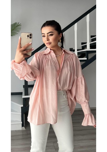 Pembe Büzgü ve Kol Detaylı Gömlek