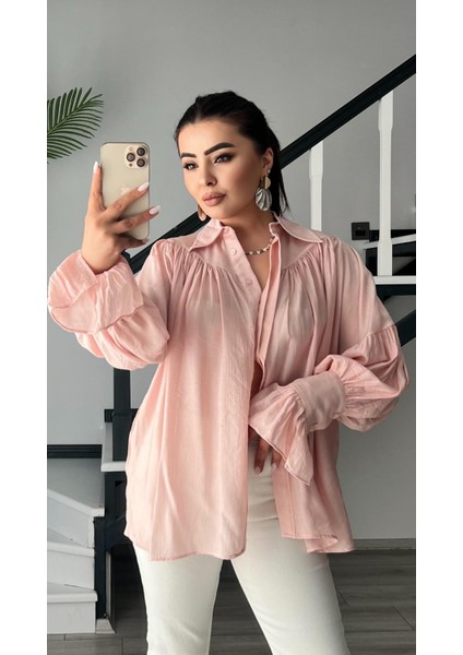 Pembe Büzgü ve Kol Detaylı Gömlek