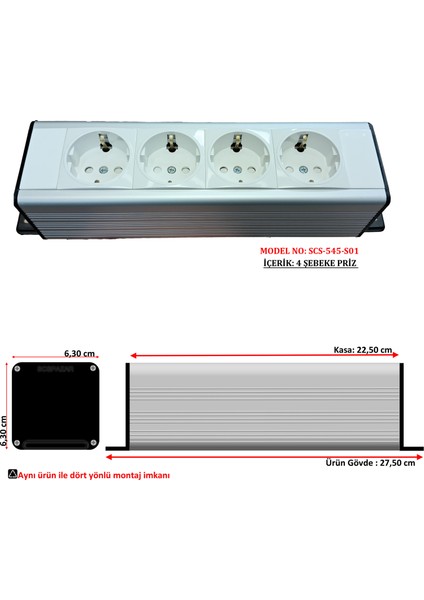 Bürotik Priz Kutusu Alüminyum Blok - 5X45 ( 10 Modül ) SCS-545-S01