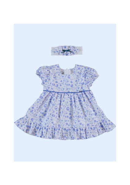 Mavi Beyaz Çiçek Desenli Saç Bantlı Bebek Elbisesi
