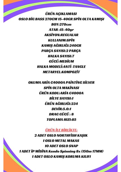 Big Bass 270cm 15-40gr Okuma Aria C4000a 8x Spin Olta Seti fiyatları