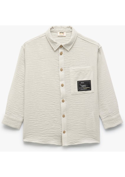 Uzun Kollu Düğmeli Klasik Yaka Cep Detaylı Etiket Baskılı Gömlek