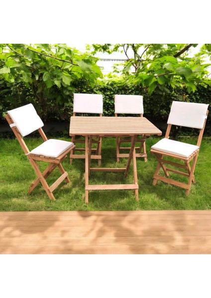 Katlanır Ahşap Bistro Set Bahçe Takımı 4 Sandalye 1 Masa Set Minder Hediyeli