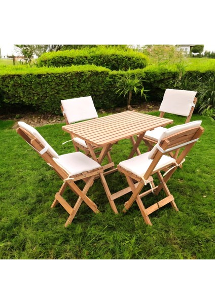 Katlanır Ahşap Bistro Set Bahçe Takımı 4 Sandalye 1 Masa Set Minder Hediyeli