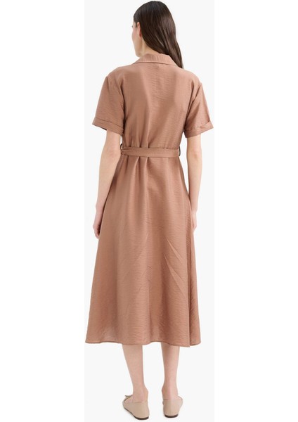 Regular Fit Gömlek Yaka Kuşaklı Kısa Kollu Maxi Elbise E7932AX25SP