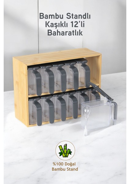 12 Li Bambu Standlı Kaşıklı Kapaklı Baharatlık Baharat Saklama Kutusu Seti