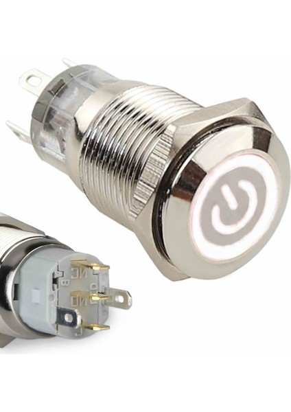 16mm Metal Buton Beyaz Power Sembol Led Işıklı Panel Montaj Düz Kafa Kilitlemeli DC 6A 12V IP67 Su Geçirmez Düğme Başlatma Kontrol Otomasyon Araba Makina Bilgisayar