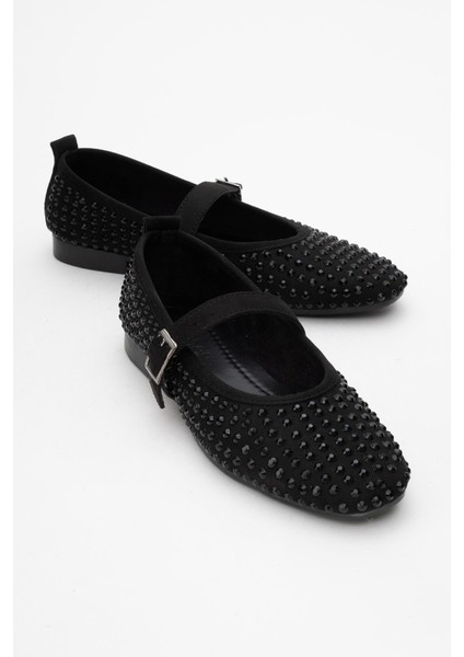 Kadın Kemerli Taşlı Küt Burunlu Babet Siyah