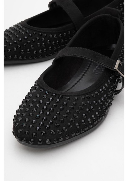 Kadın Kemerli Taşlı Küt Burunlu Babet Siyah modelleri