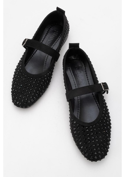 Kadın Kemerli Taşlı Küt Burunlu Babet Siyah indirimleri