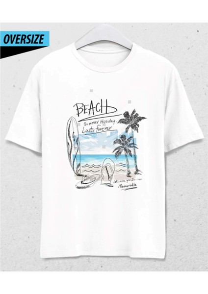 Beach Vibes Oversize T-Shirt Beyaz