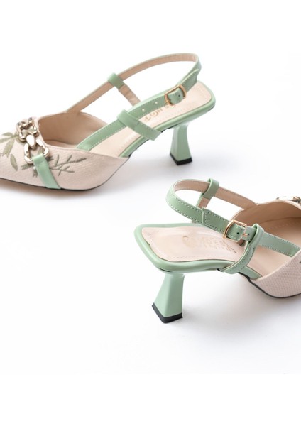 K-250 Fıstık Yeşili Keten Günlük Arkası Açık Tokalı Topuklu Kadın Ayakkabı indirimleri