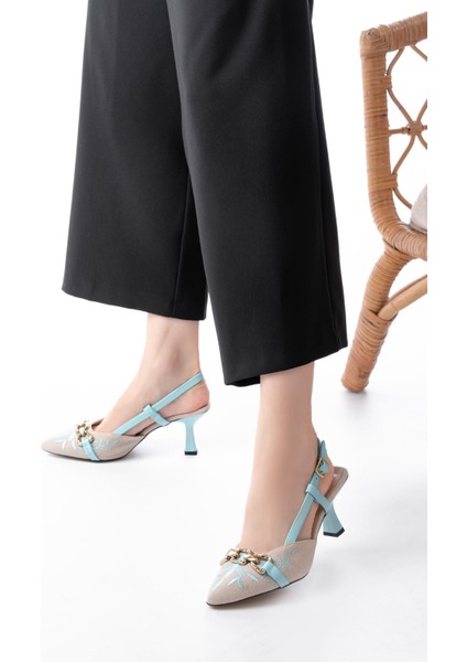 K-250 Mavi Keten Günlük Arkası Açık Tokalı Topuklu Kadın Ayakkabı