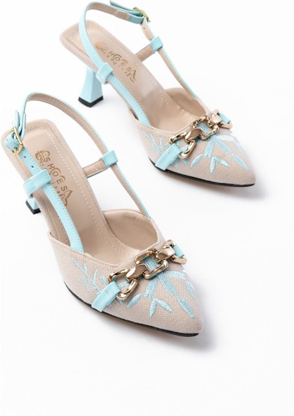 K-250 Mavi Keten Günlük Arkası Açık Tokalı Topuklu Kadın Ayakkabı fiyatları