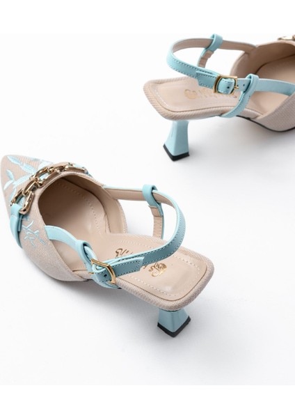 K-250 Mavi Keten Günlük Arkası Açık Tokalı Topuklu Kadın Ayakkabı modelleri