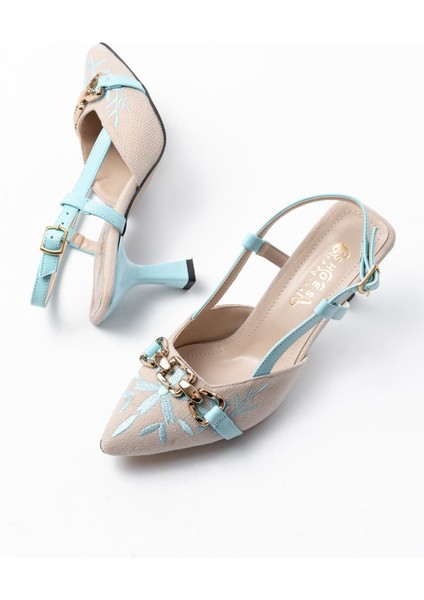 K-250 Mavi Keten Günlük Arkası Açık Tokalı Topuklu Kadın Ayakkabı indirimleri