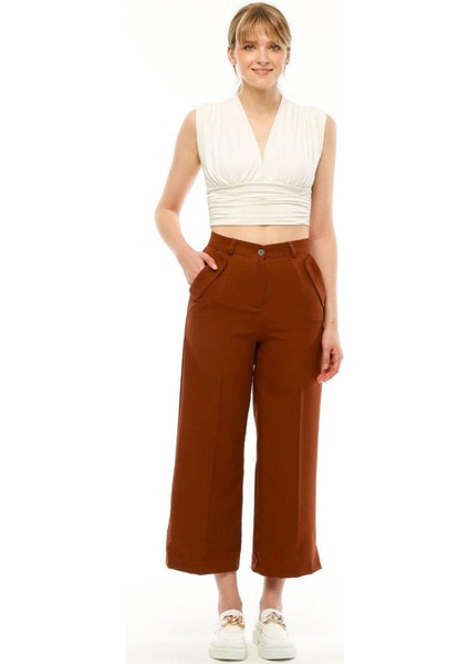 Kadın Yüksek Bel Cebi Kapaklı Rahat Kalıp Palazzo Pantolon - Kahve Rengi fiyatları