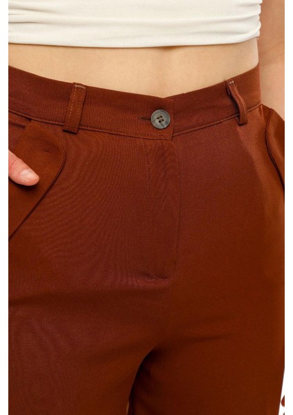 Kadın Yüksek Bel Cebi Kapaklı Rahat Kalıp Palazzo Pantolon - Kahve Rengi fırsatları