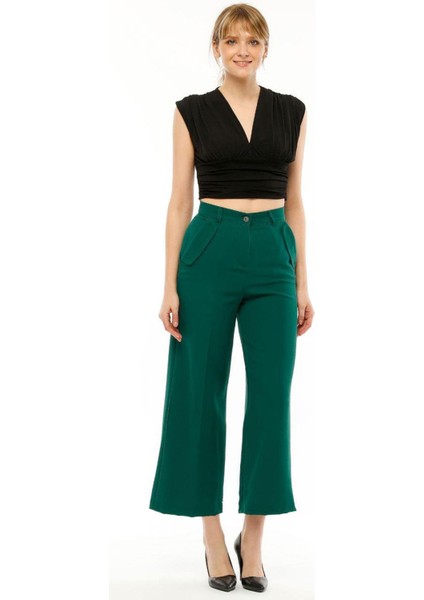 Kadın Yüksek Bel Cebi Kapaklı Rahat Kalıp Palazzo Pantolon - Koyu Yeşil