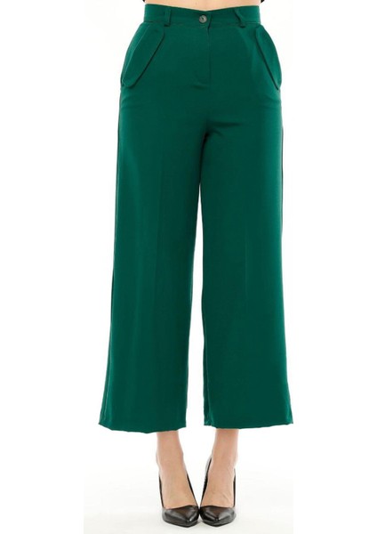 Kadın Yüksek Bel Cebi Kapaklı Rahat Kalıp Palazzo Pantolon - Koyu Yeşil fiyatları
