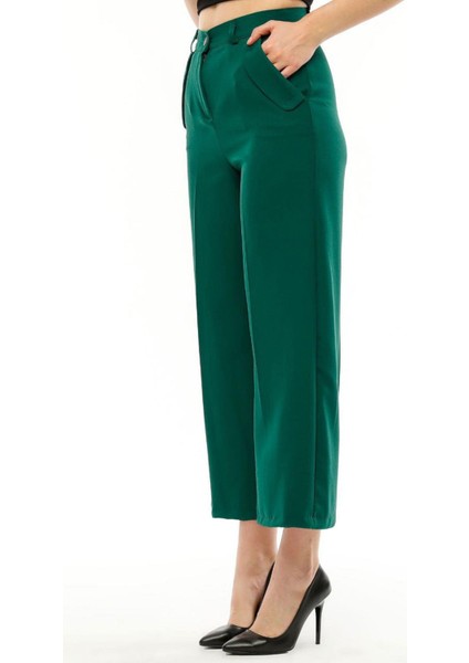Kadın Yüksek Bel Cebi Kapaklı Rahat Kalıp Palazzo Pantolon - Koyu Yeşil modelleri